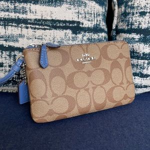 Coach Signature PVC Double Corner Zip Wristlet Khaki/Stone Blue